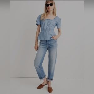 NWOT MADEWELL Chambray Ruffle-Sleeve Peplum Top S